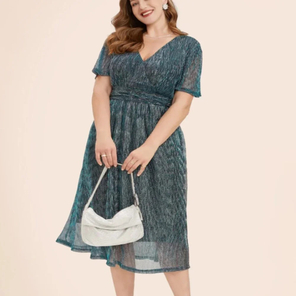 Bloomchic Plus Size Glitter Mesh Surplice Neck Ruffle Sleeve Pocket Midi Dress - Picture 3 of 6